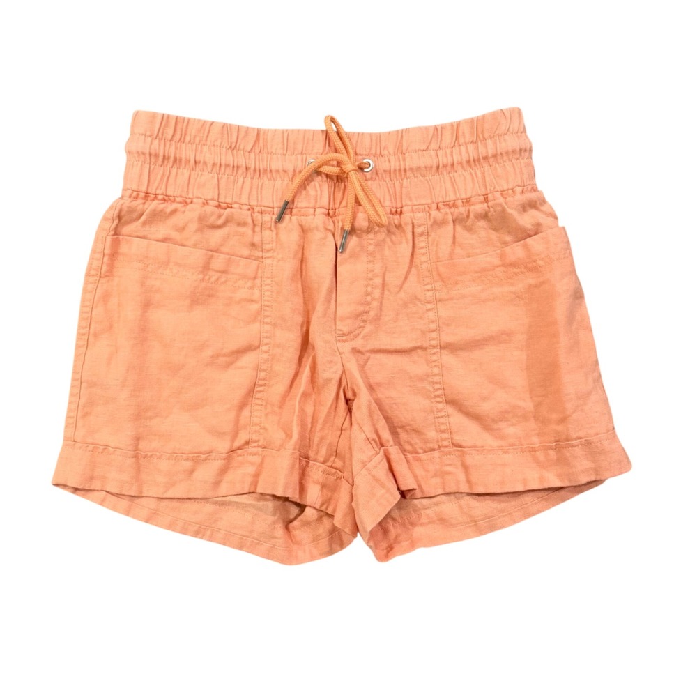 Athleta Cabo Linen Shorts Coral Orange Smocked Waist Drawstring Pockets Size 0
